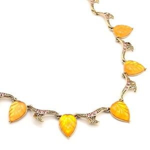 Trifari Gold Tone Necklace Golden Amber Acrylic Leaves and Pink Rhinestones